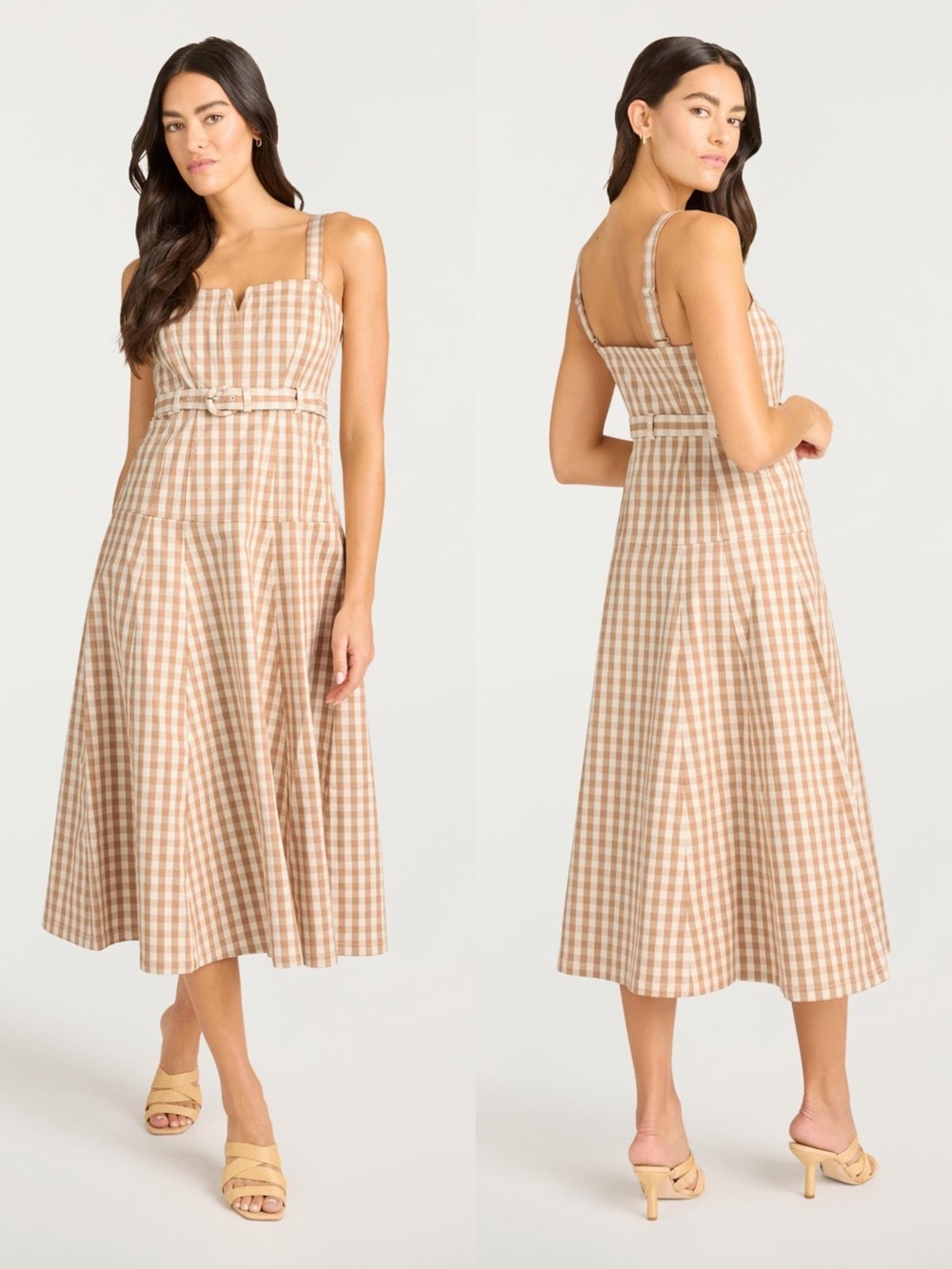 Cinq a Sept Gingham Tina Jean Dress Belt A Line Sahara Light Plaster 8 NWT